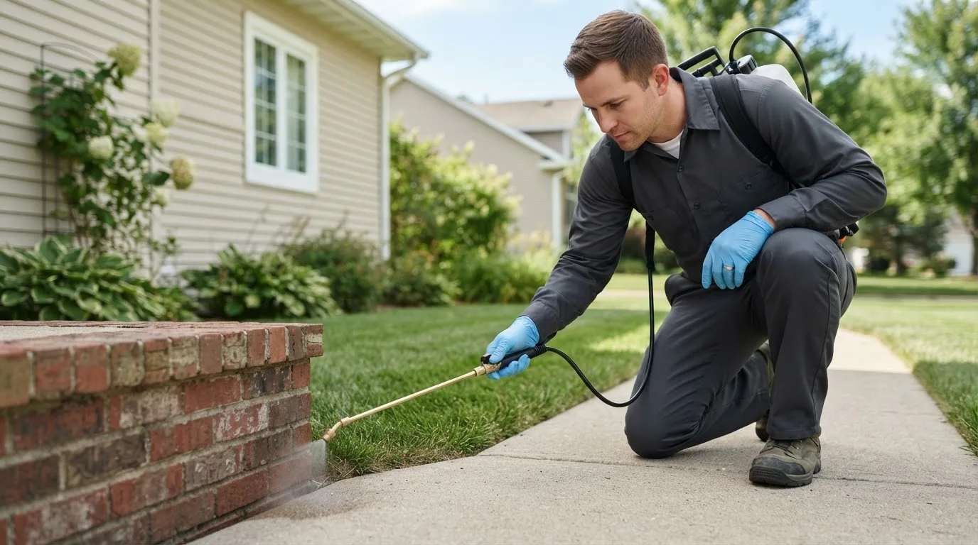Pest control technician treating a home near Hampton, IA