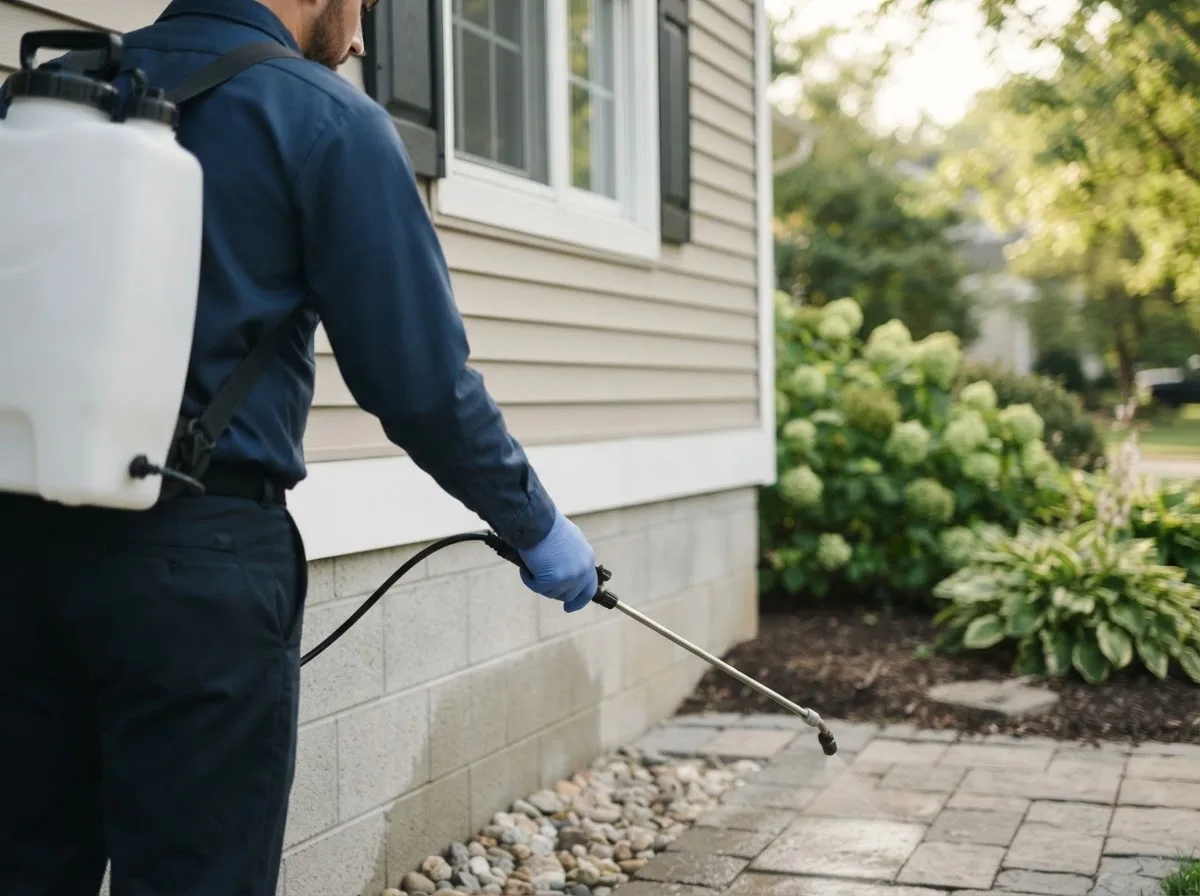 Pest control technician inspecting a home in Hampton, IA